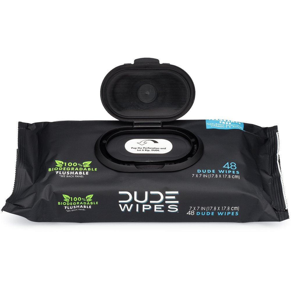 Premium DUDE Wipes Flushable Wipes, Unscented with Vitamin-E & Aloe, 100% Biodegradable, Dispenser (12 Packs, 576 Total Count)