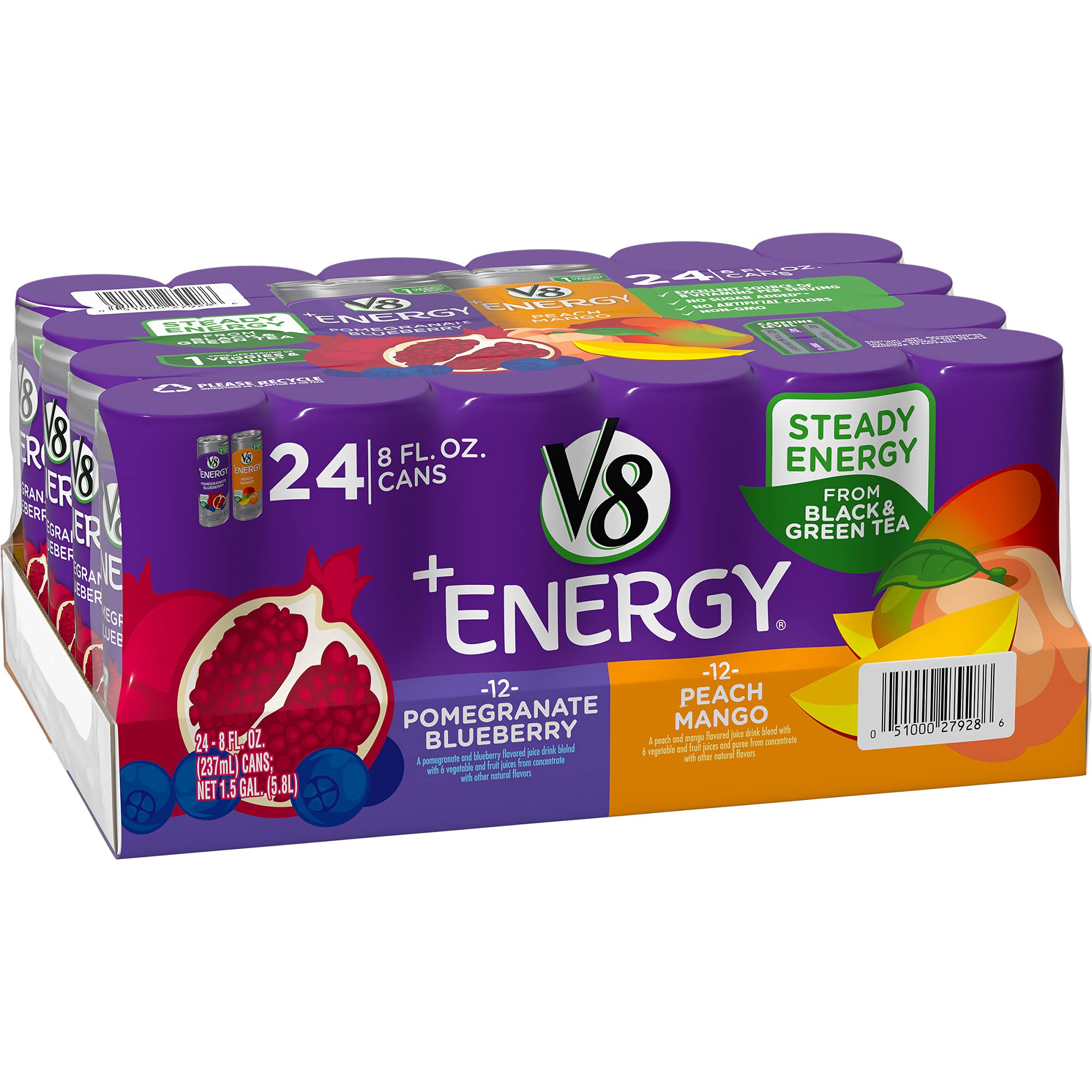 Quality V8 +Energy Variety Pack, Healthy Energy Drink, 12 Pomegranate Blueberry and 12 Peach Mango, 8 Oz Can)