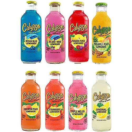 Premium BeeQ Box - (Pack of 8) Variety Calypso Lemonade , 8 Differnt Flavors : Original Lemonade , Island Wave , Paradise Punch , Ocean Blue , Southern Peach, Strawberry , Triple Melon , Pineapple Peach | 16 oz bottles