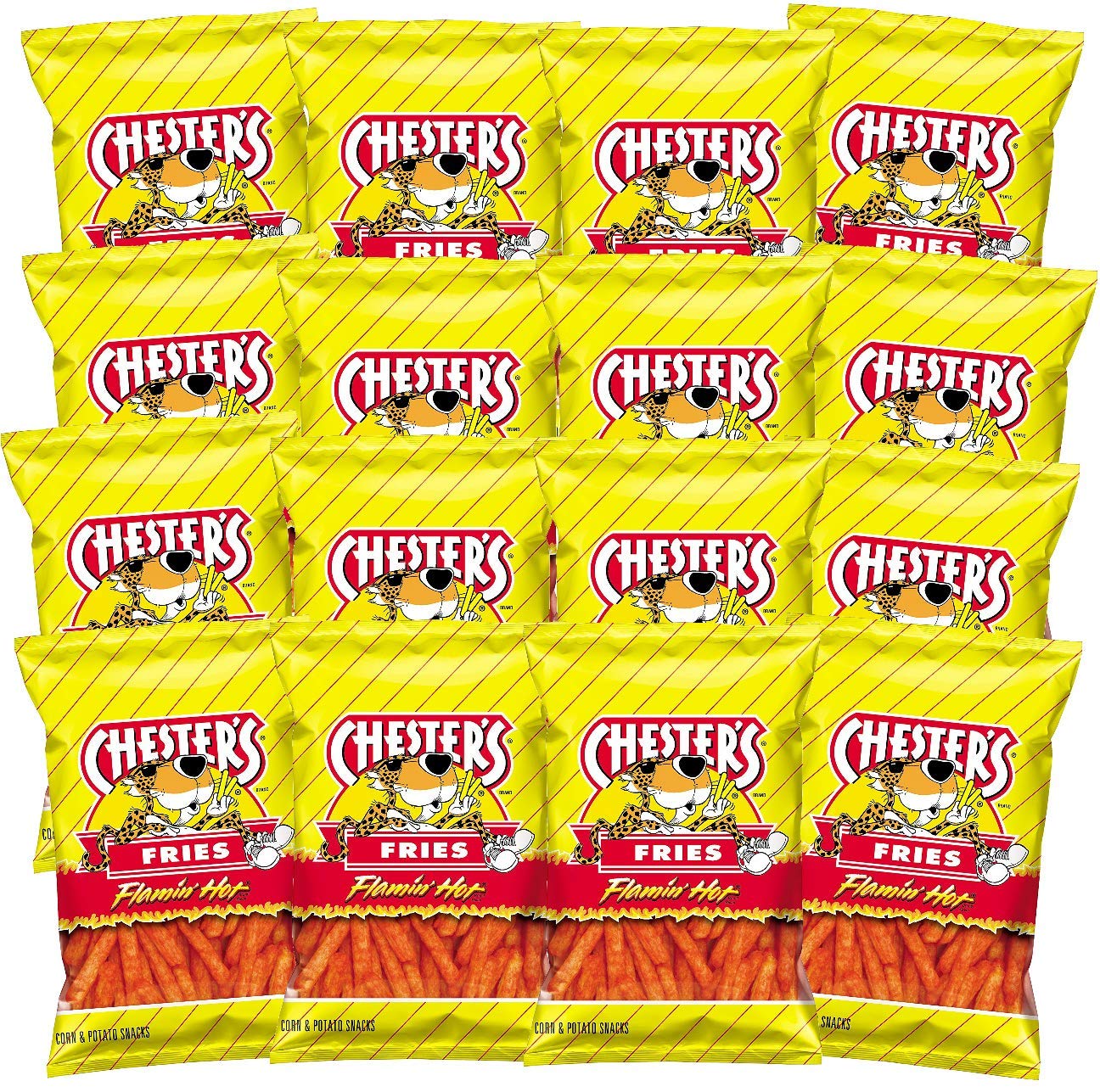 Premium Chester's Flamin' Hot Fries - Snack Pack of 16 Gluten Free Healthy Chips & Crisps- Bulk Snacks & Individual Chips - Variety Chips for All Adults, Teenagers, and Kids Snacks, 1.75 Ounce Bags