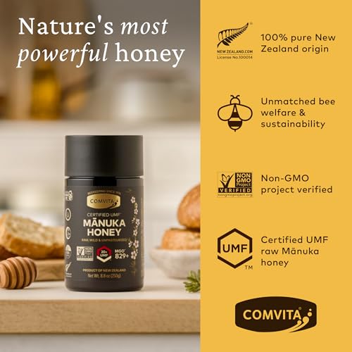 Quality Comvita Manuka Honey UMF 20+ (MGO 829+) - Raw Manuka Honey New Zealand, Pure & Unpasteurized, Superfood for Immune Health, Use in Tea, Wild, Monofloral, Non-GMO - 250g (8.8 oz)