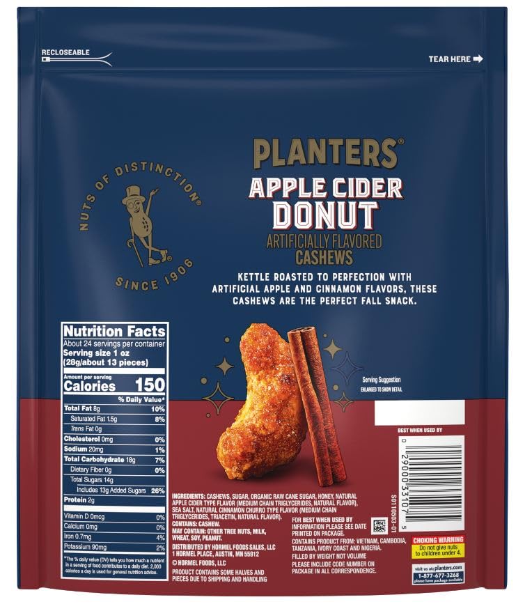 Premium PLANTERS Apple Cider Donut Cashews, Cooking & Baking Nuts & Seeds, Flavored Cashews, Fall Snacks, Cashew, Party Snack, Plant-Based Protein, 24 oz Bag