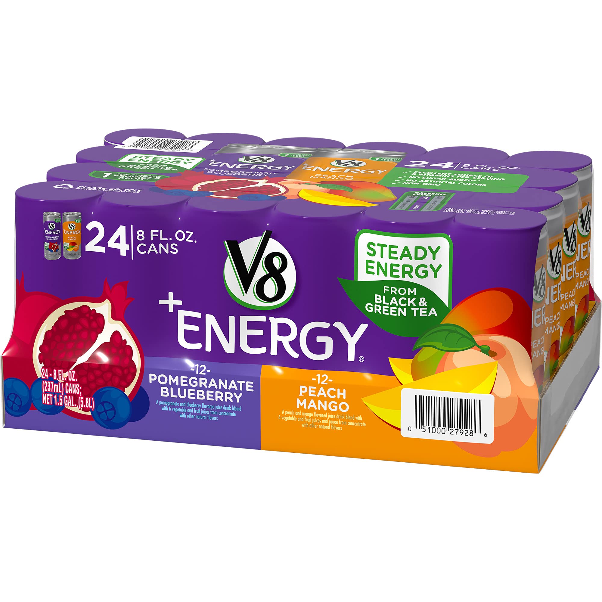Quality V8 +Energy Variety Pack, Healthy Energy Drink, 12 Pomegranate Blueberry and 12 Peach Mango, 8 Oz Can)