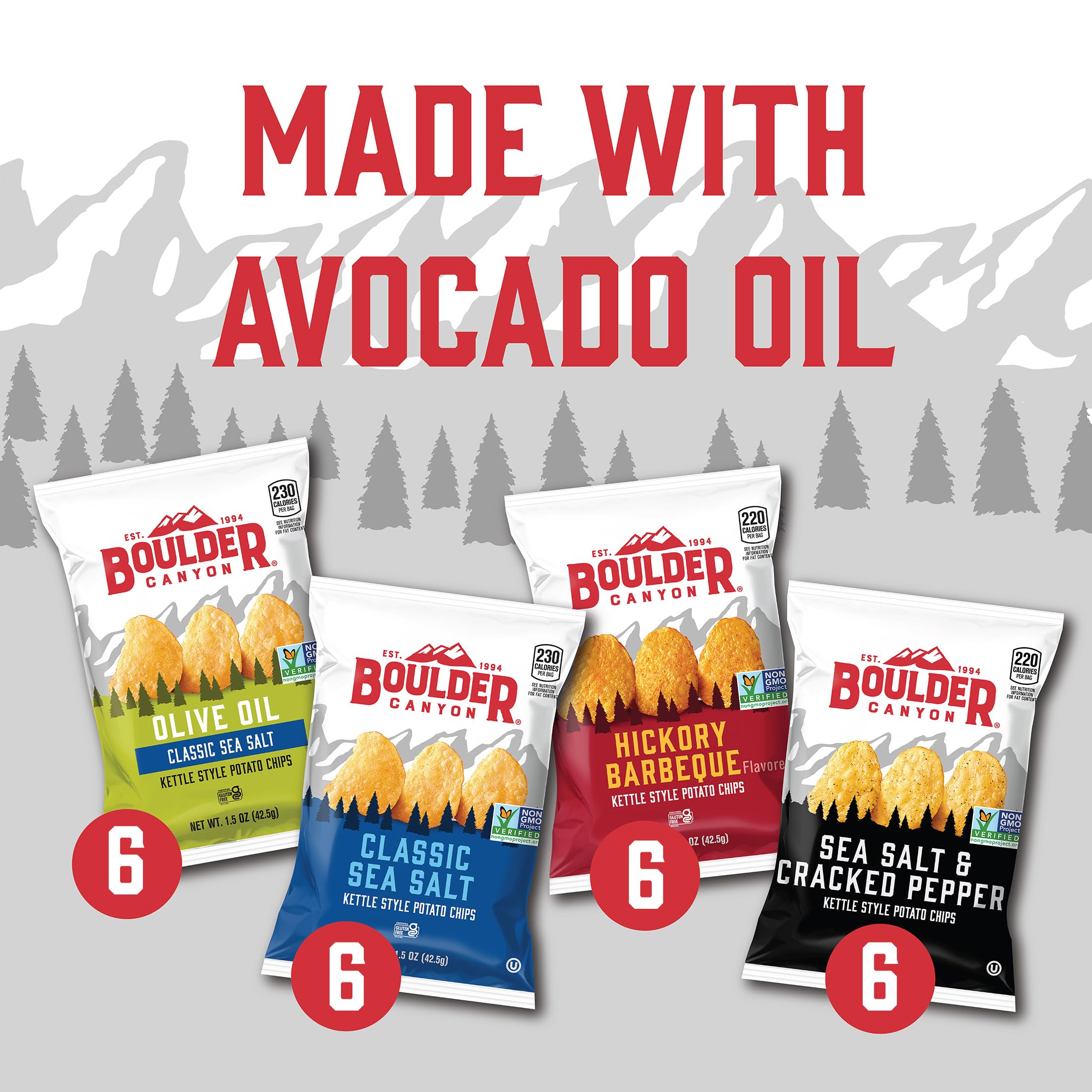 Premium Boulder Canyon Kettle Style Potato Chips Variety Pack, 24 Count, Assorted 1.5oz. Bags, Olive Oil Classic Sea salt, Hickory BBQ, Sea Salt & Cracked Pepper, Classic Sea salt