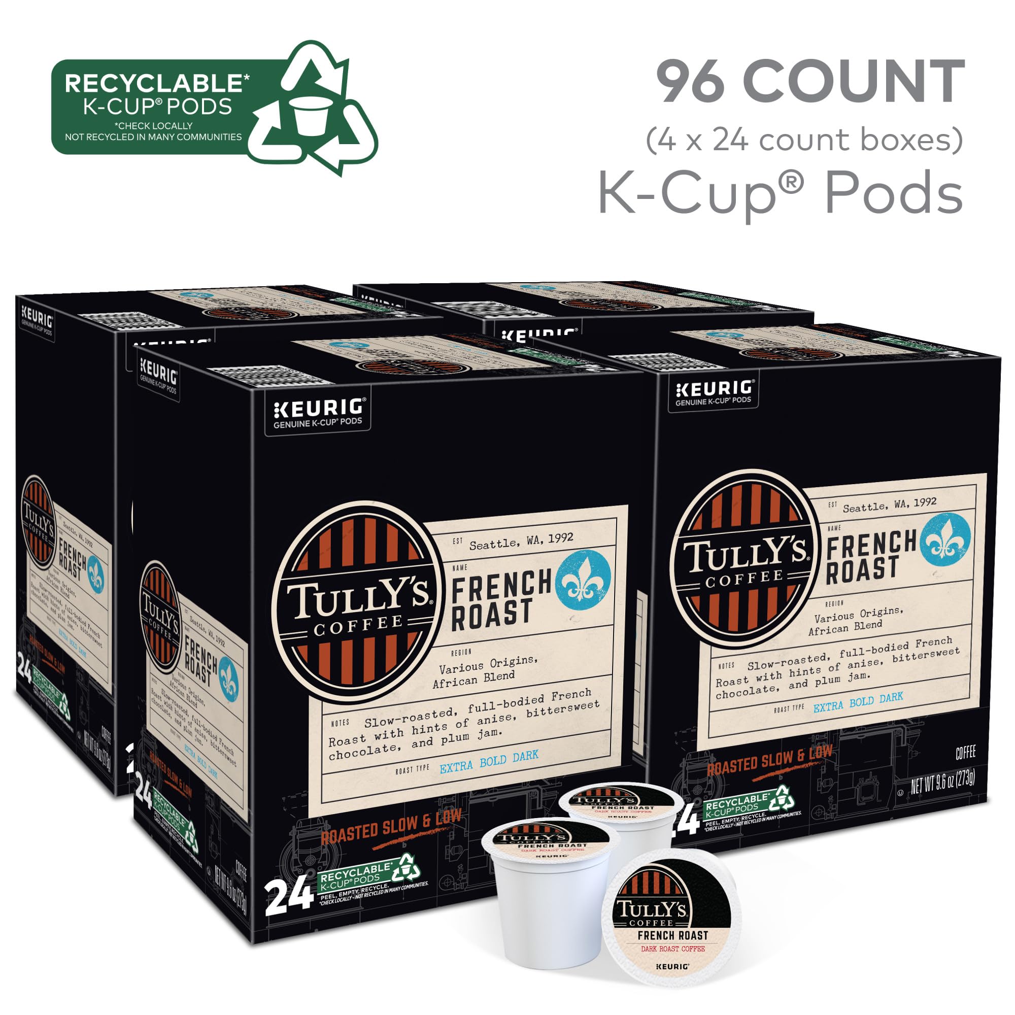 Quality Tully's Coffee French Roast, Keurig Single-Serve K-Cup Pods, Dark Roast, 96 Count