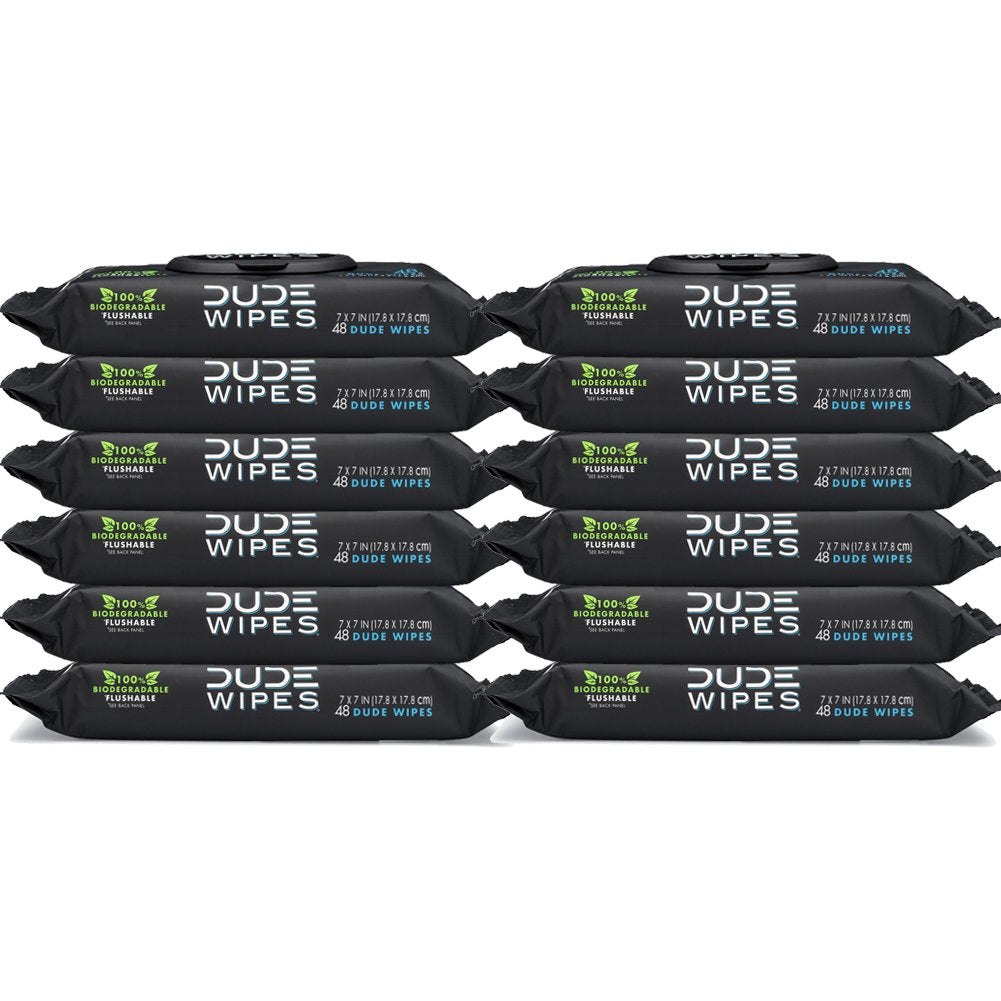 Premium DUDE Wipes Flushable Wipes, Unscented with Vitamin-E & Aloe, 100% Biodegradable, Dispenser (12 Packs, 576 Total Count)
