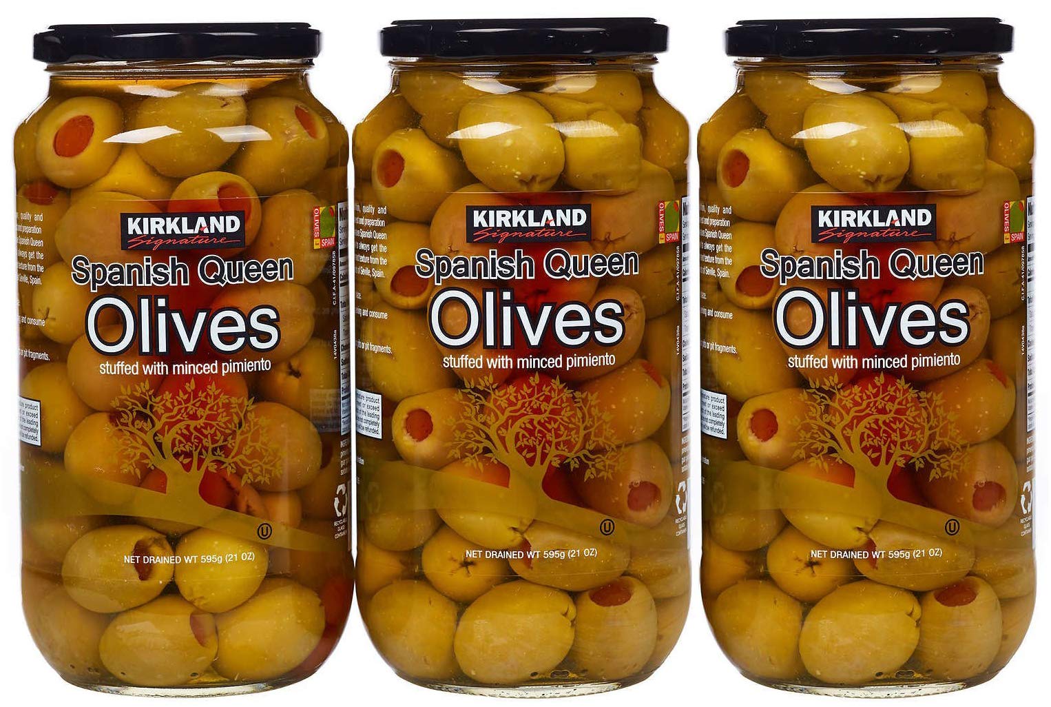 Quality Kirkland Signature Spanish Queen Olives Stuffed With Minced Pimiento, 21oz Glass Jar (Pack of 3, Total of 63 Oz)