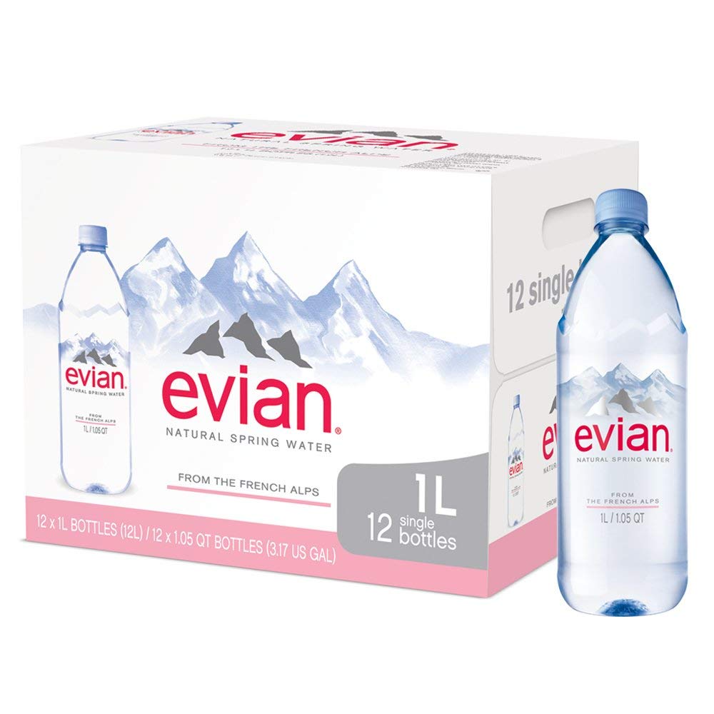 Quality evian Natural Spring Water (One Case of 12 Individual Bottles, Each Bottle is 1 Liter) Naturally Filtered Spring Water in Large Bottles