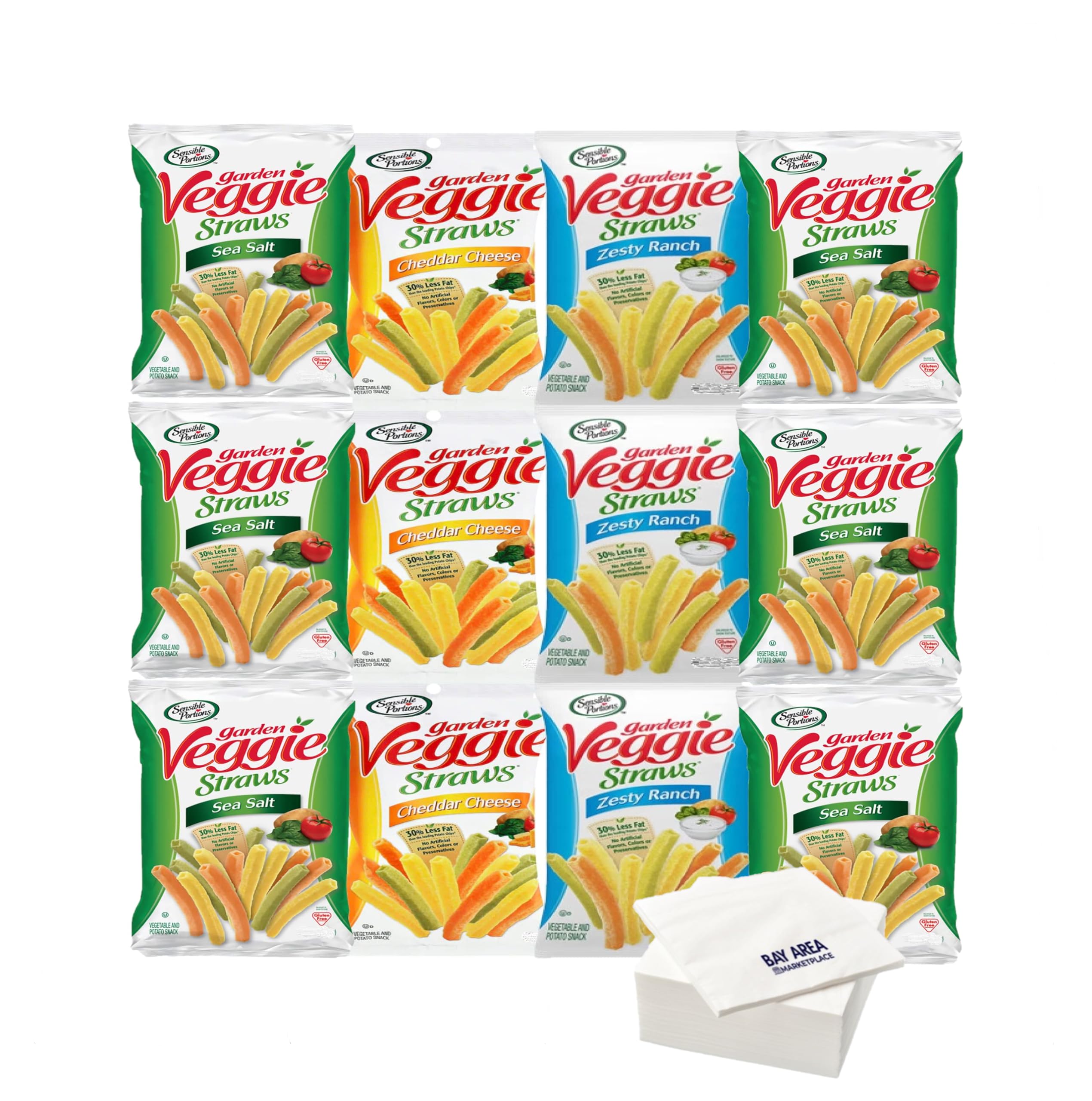 Quality Sensible Portions Garden Veggie Snack Packs, Single Serving Bags, Pack of 12 (Veggie Straws Variety) with Bay Area Marketplace Napkins