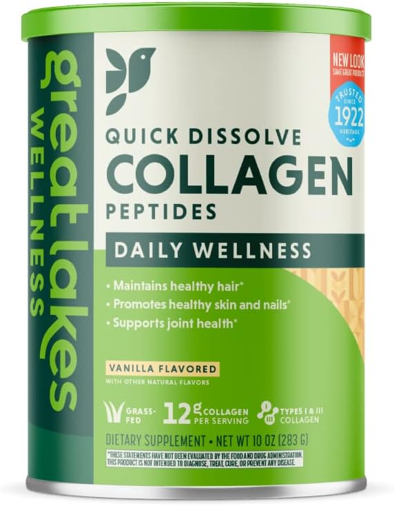 Great Lakes Wellness Collagen Peptides Powder Supplement for Skin Hair Nail Joints - Vanilla Flavored - Quick Dissolve Hydrolyzed, Non-GMO, Gluten-Free, No Preservatives, Halal - 10 oz Canister