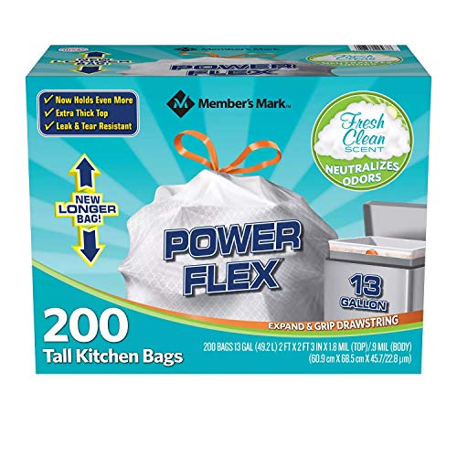 Quality Members Mark 13 Gal Power Flex, Leak Protection, Tall Kitchen Simple Fit Drawstring Bags (1 Pack, Fresh Clean Scent), 1count