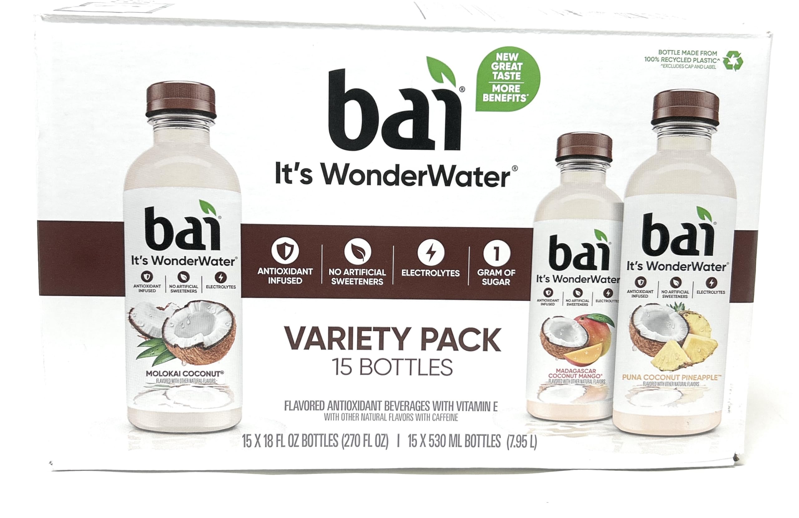 Premium Bai WonderWater Coconut Variety Pack, 18oz bottles - pack of 15 (Molokai Coconut, Madagascar Coconut Mango, Puna Coconut Pineapple)