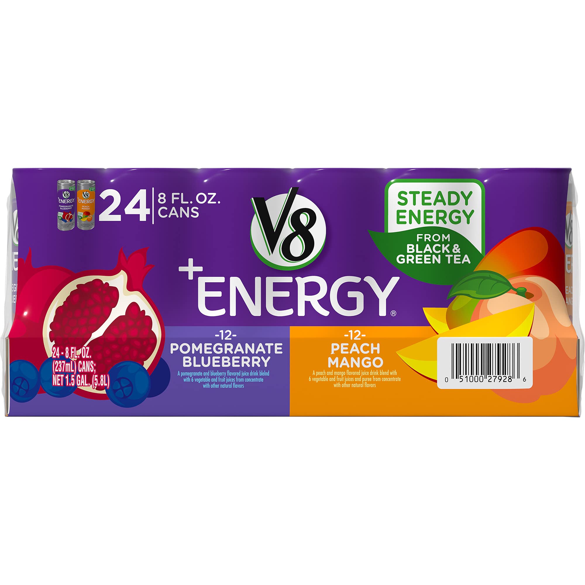 Quality V8 +Energy Variety Pack, Healthy Energy Drink, 12 Pomegranate Blueberry and 12 Peach Mango, 8 Oz Can)
