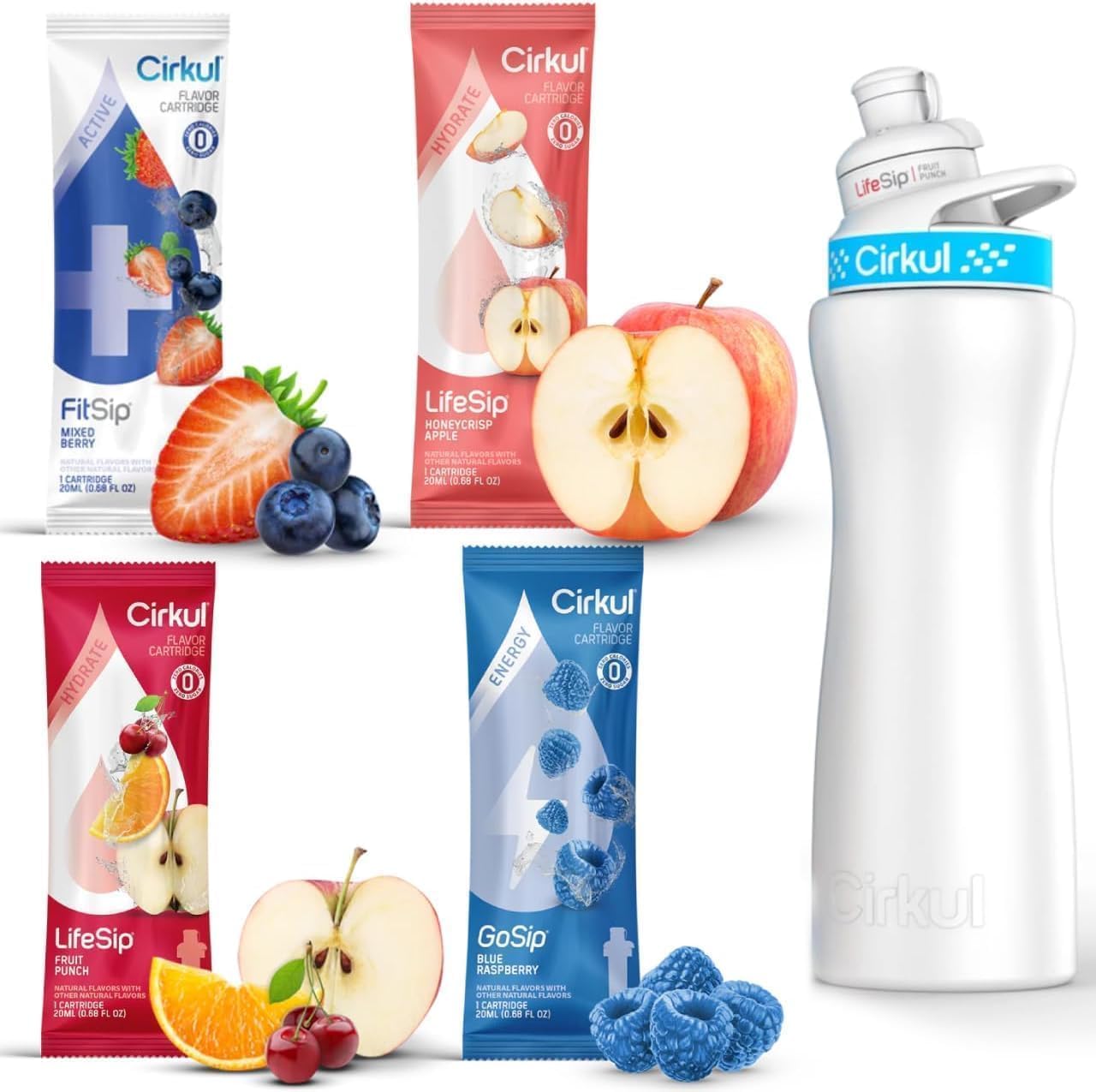 Cirkull 22 oz Water Bottle Starter Kit with 4 Flavor Cartridges (Fruit Punch & Mixed Berry & Blue Raspberry & Honeycrisp) (Metal Bottle Pack)