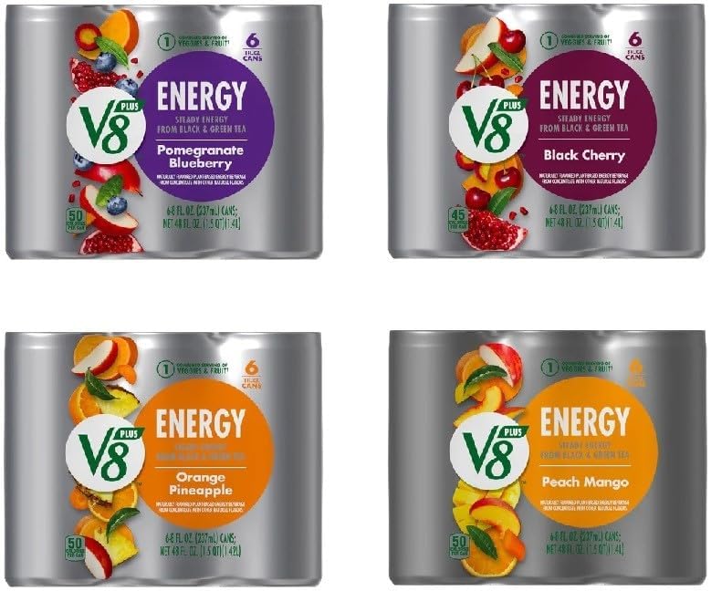 V8 +Energy Drink Variety Pack, Pomegranate Blueberry, Black Cherry, Orange Pineapple, Peach Mango, 8 Fl Oz (4 Packs of 6 Cans)