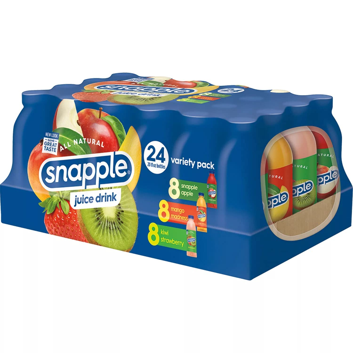 Gourmet Kitchn Snapple Juice Variety Pack - 3 Flavors Included 8 Mango Madness Kiwi Strawberry Apple, All Natural Delicious Beverage 1 Box (20 oz. / 24pk), Total 24 bottles (24 Bottles)