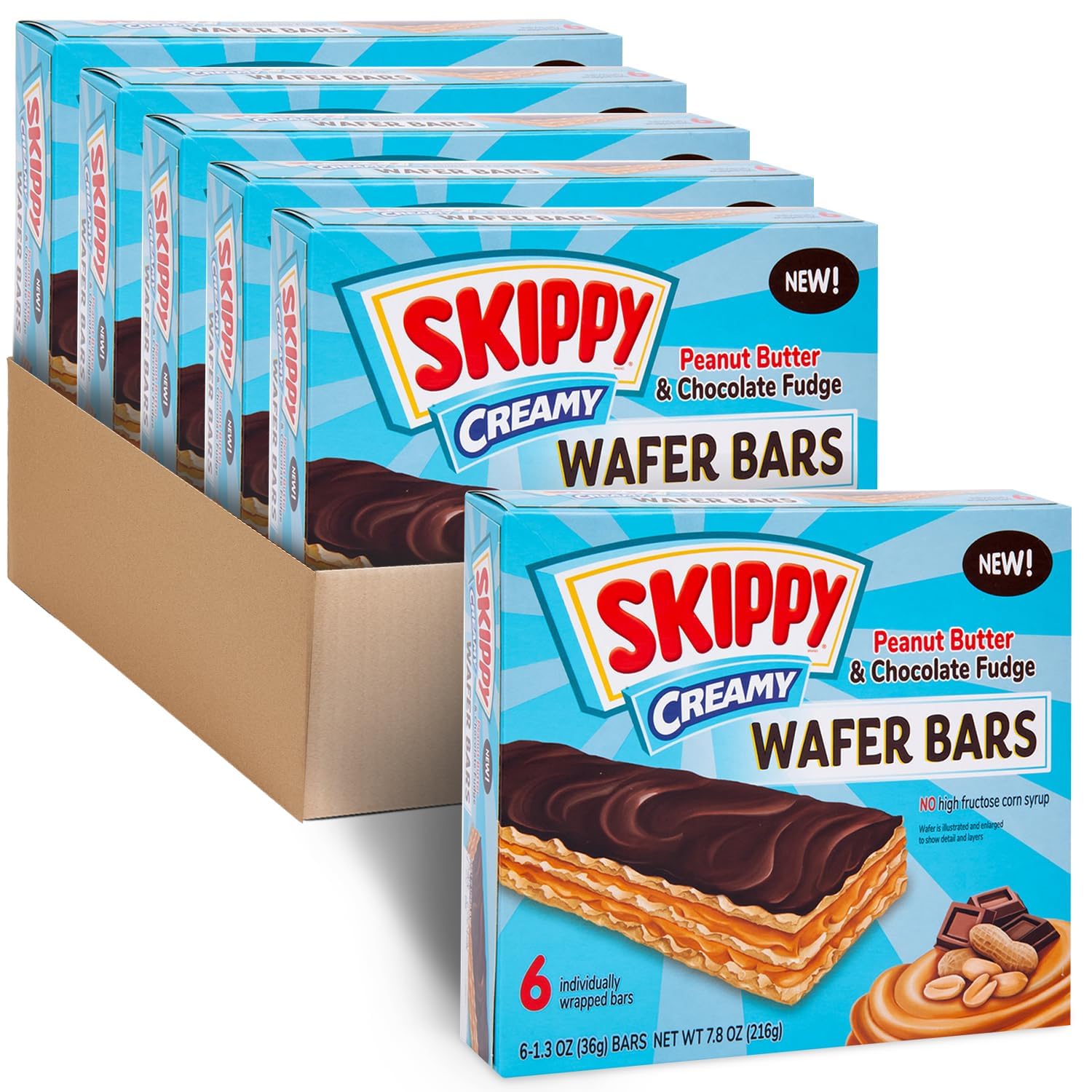 Skippy Creamy Peanut Butter And Chocolate Fudge Wafer Snack Bar, 1.3 Oz, 6 ct (Packaging may vary-36 ct)