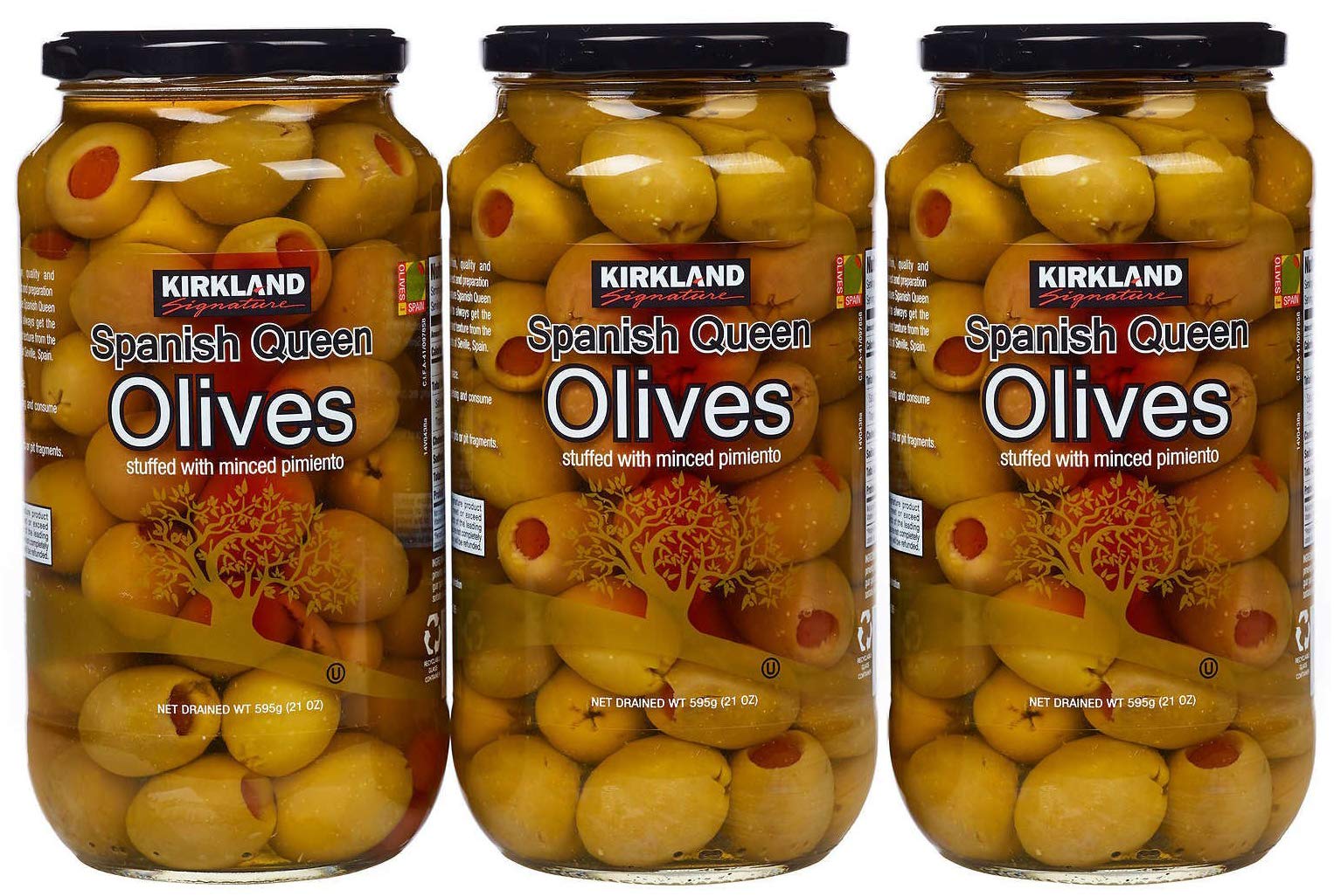 Kirkland Signature Spanish Queen Olives Stuffed With Minced Pimiento, 21oz Glass Jar (Pack of 3, Total of 63 Oz)