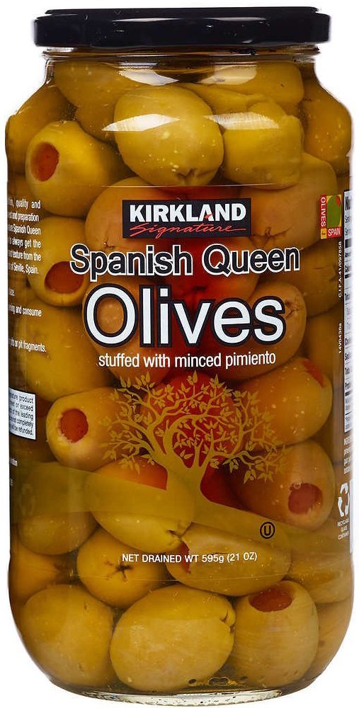 Kirkland Signature Spanish Queen Olives Stuffed With Minced Pimiento, 21oz Glass Jar (Pack of 3, Total of 63 Oz)