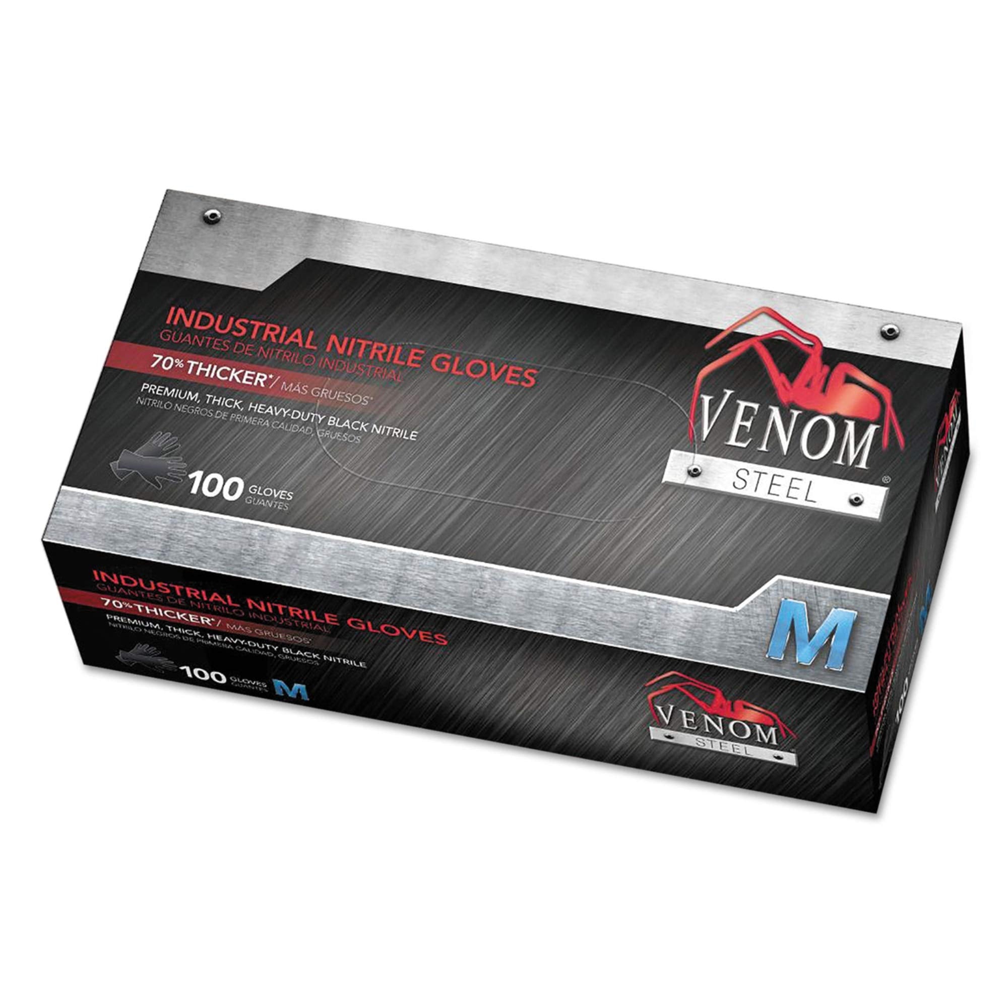 Venom Steel Industrial Nitrile Gloves, 6 mil, 2 Layer Rip Resistant, Medium, 100 Count, Black