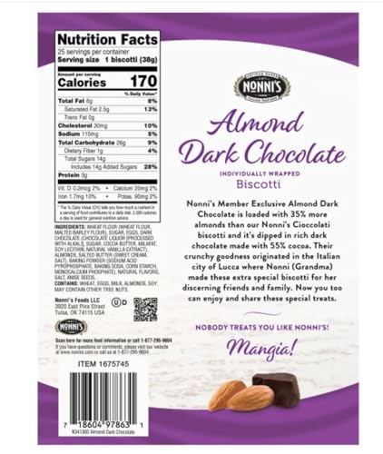 Premium Nonni's Almond Dark Chocolate Biscotti: 25 Count, 2lb,1.25 oz (943 g)