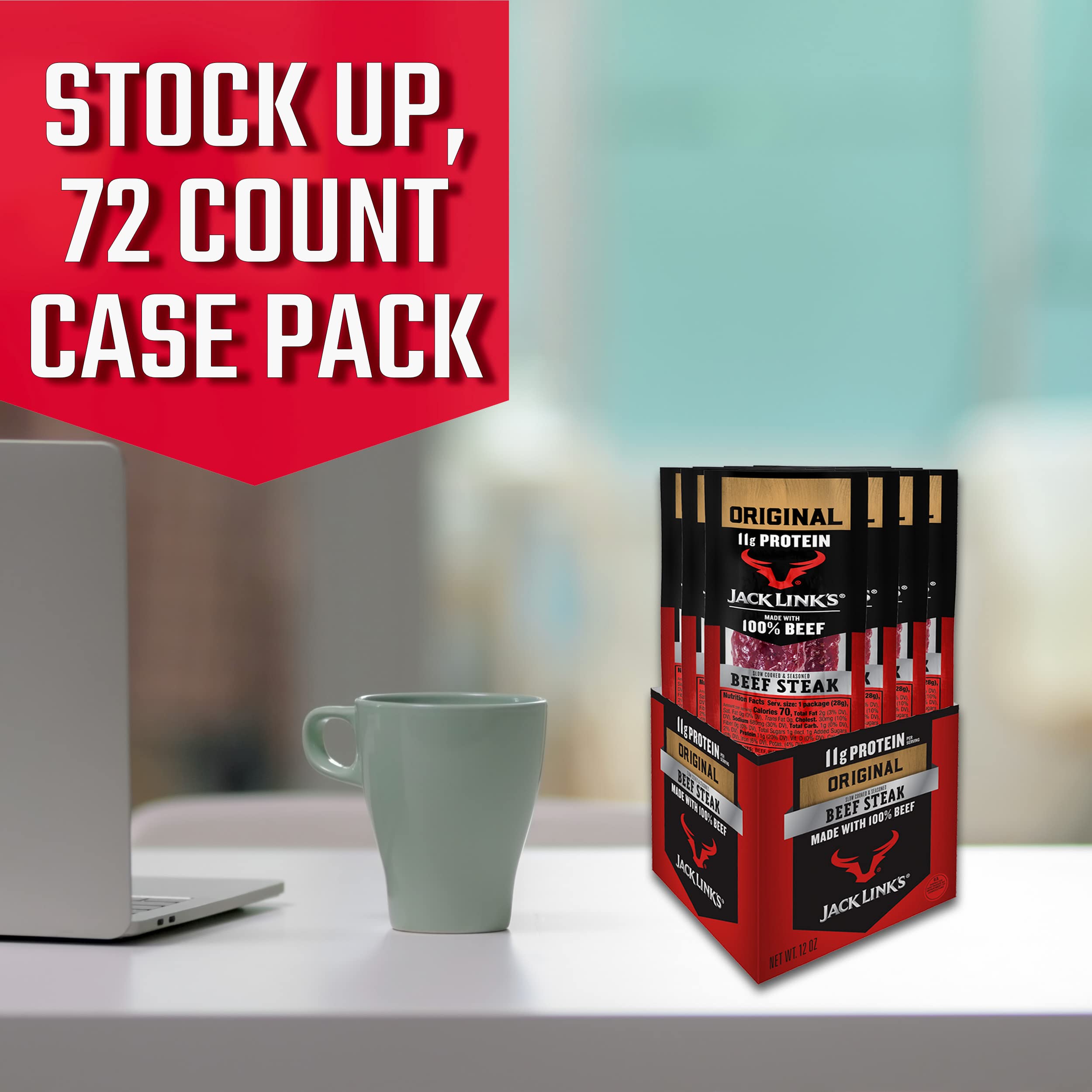 Jack Link's Premium Cuts Beef Steak, Original – Protein Snacks, Meat Snack with 11g of Protein, Made with 100% Beef, Individually Wrapped Bulk Snack Pack for Break Rooms – 1 Oz. (72 Count)