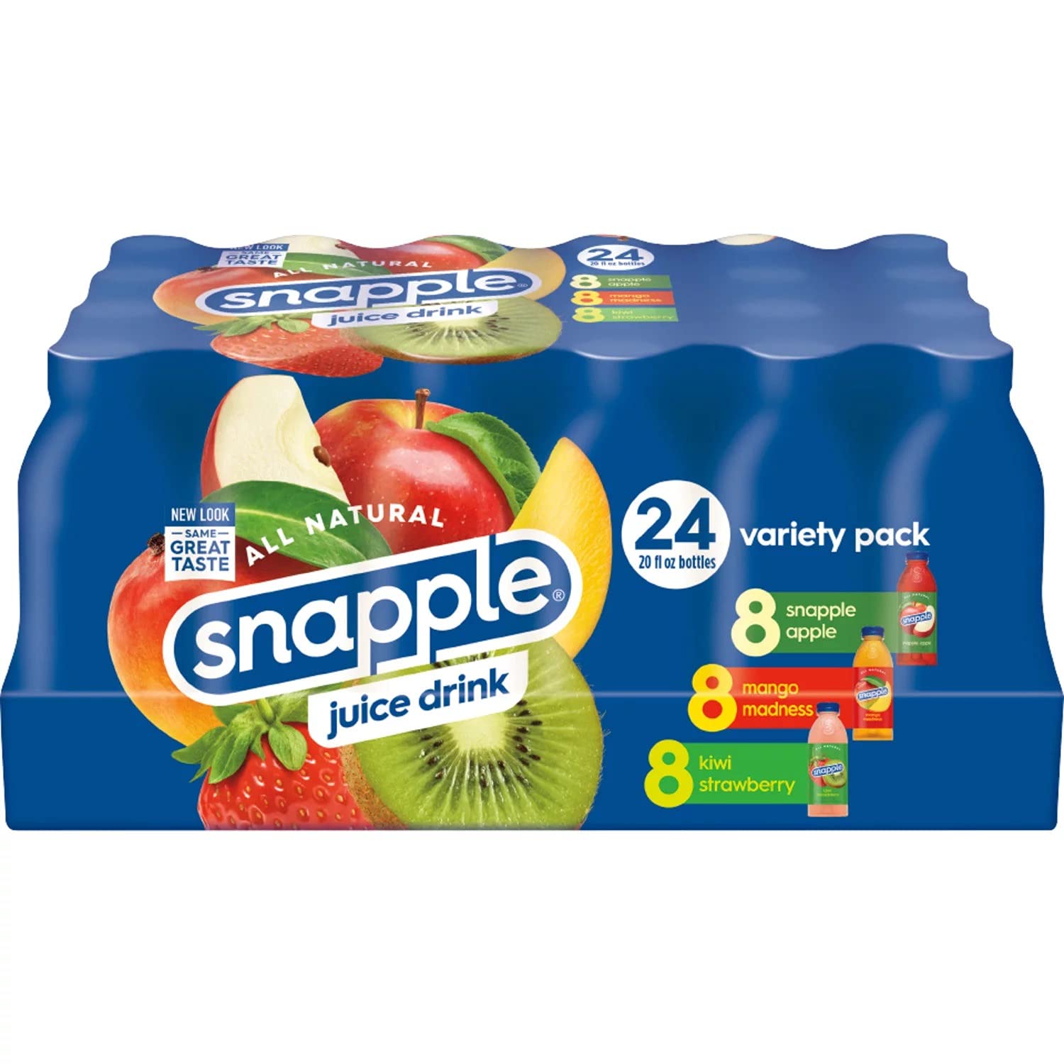 Gourmet Kitchn Snapple Juice Variety Pack - 3 Flavors Included 8 Mango Madness Kiwi Strawberry Apple, All Natural Delicious Beverage 1 Box (20 oz. / 24pk), Total 24 bottles (24 Bottles)