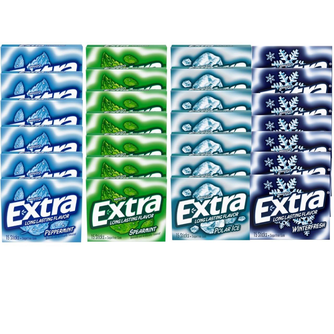 Extra Mint Sugar-Free Chewing Gum Polar Ice, Spearmint, WinterFresh and Peppermint - Fresh Breath and Long-Lasting Flavor - 15 pc - (18 pk)