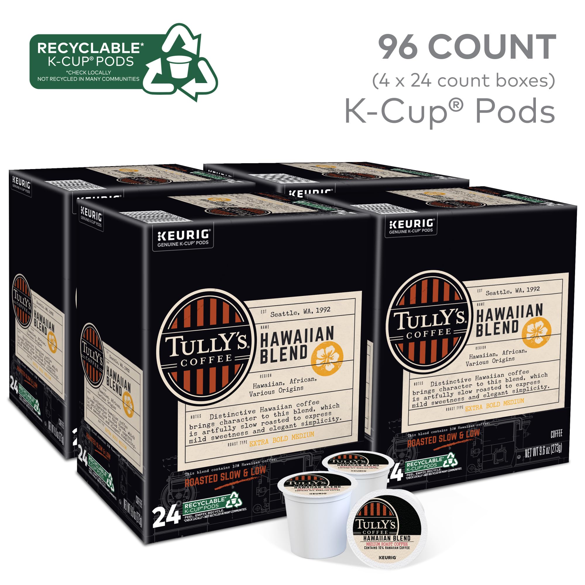 Quality Tully's Coffee Hawaiian Blend Keurig Single-Serve K-Cup Pods, Medium Roast Coffee, 96 Count