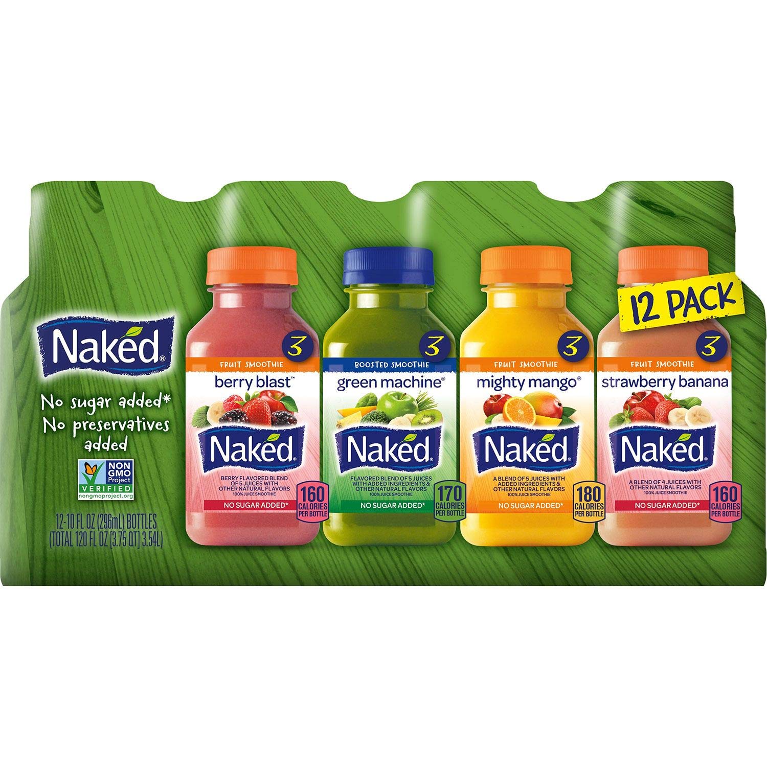 Premium Naked Variety Pack Juice Smoothie Mighty Mango , Green Machine, Berry Blast Total 12 Pack