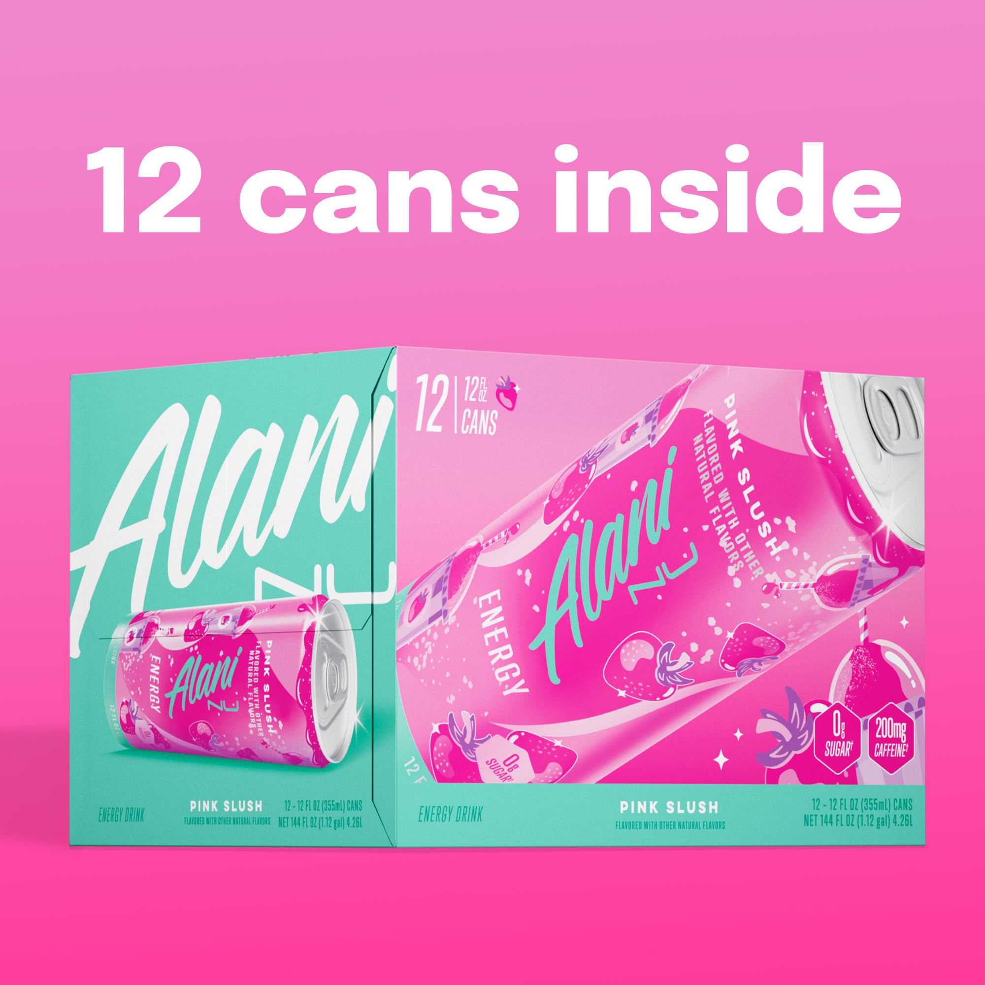 Premium Alani Nu PINK SLUSH Sugar Free, Low Calorie Energy Drinks, 200mg Caffeine, Biotin B Vitamins, Zero Sugar, 10 Calories, 12 Fl Oz Cans, 24 Pack