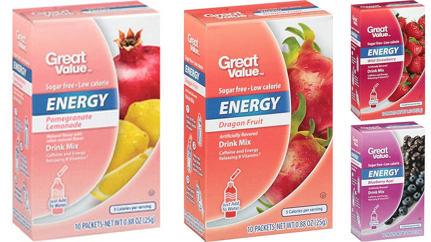 Great Value Energy Drink Mix Variety Bundle, 0.88-1.13 oz box with 10 Drink Packets (Pack of 4) includes 1-Box Blueberry Acai + 1-Box Wild Strawberry + 1-Box Dragon Fruit + 1-Box Pomegranate Lemonade