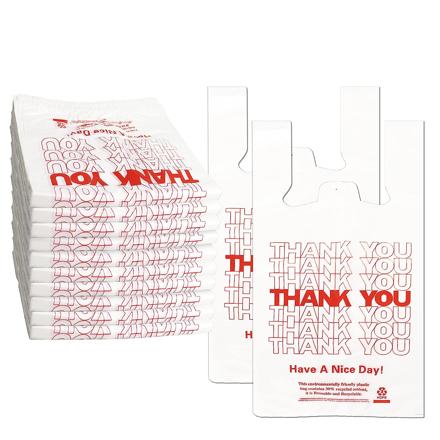 YoYoRain 1000PACK Thank you bags, T shirt bags, White Plastic Bags with Handles, Grocery shopping bag Reusable and Disposable Supermarket Bag 11''x6''x21''