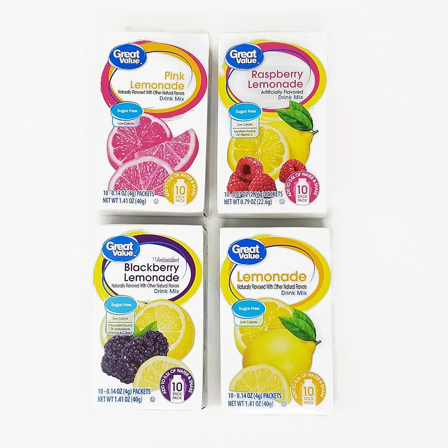 Great Value Low Calorie Sugar-Free Drink Mixes Variety Fruit Flavor (Lemonade Variety, 4-Pack)