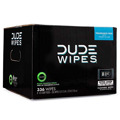 Premium DUDE Wipes - Flushable Wipes - 8 Pack, 336 Wipes - Unscented Extra-Large Adult Wet Wipes - Vitamin-E & Aloe - Septic and Sewer Safe