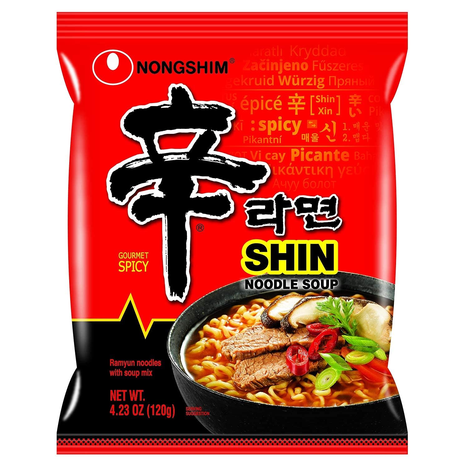 Premium Nong Shim Shin Noodle Ramyun, Gourmet Spicy Picante, 4.2-ounce Packages (Pack of 40)