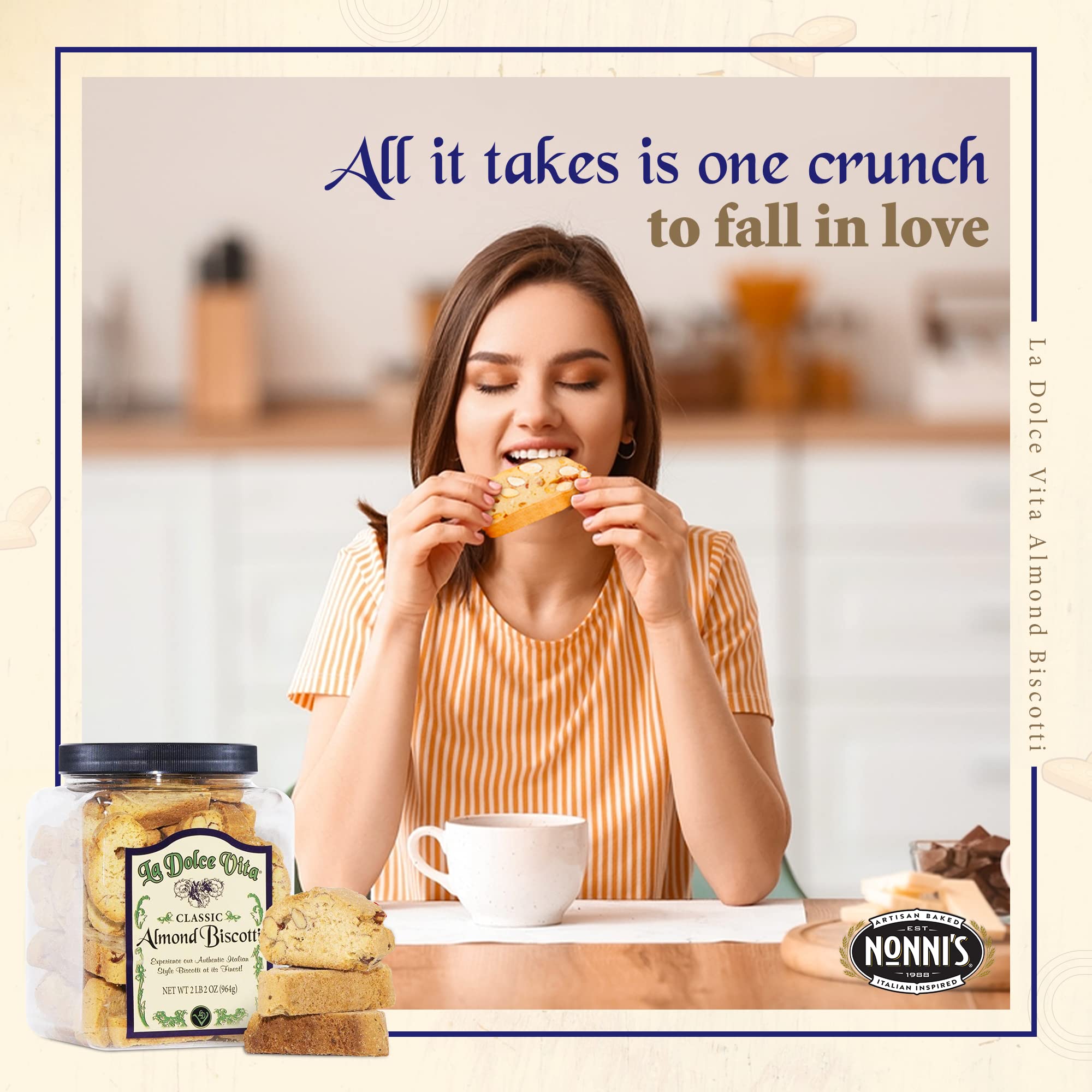 Quality Nonni's La Dolce Vita Almond Biscotti - Biscotti Italian Cookies - Italian Biscotti Cookies - Biscotti Jar - Biscotti Packed w/California Whole Almonds - Perfect w/Coffee - Kosher