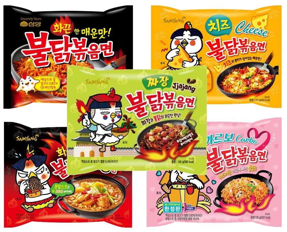 Premium Samyang Buldak Chicken Stir Fried Ramen Korean Ramen (5 Flavor Combo, 5 Pack)