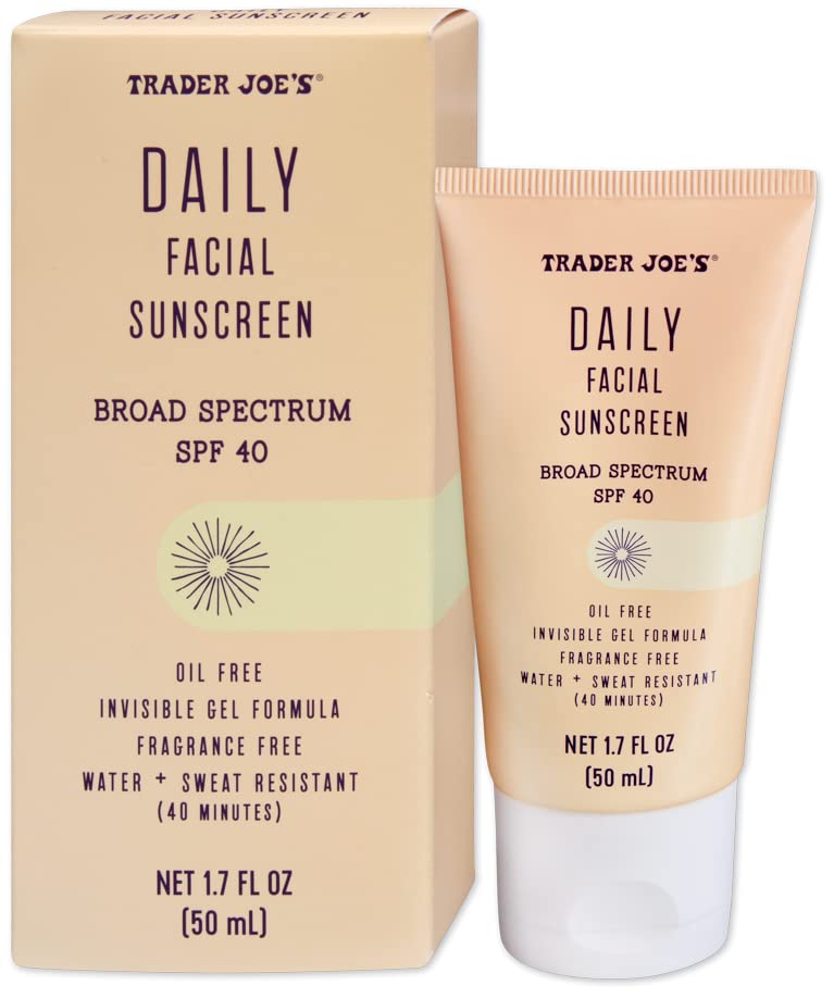 Premium Trader Joe’s Daily Facial Sunscreen Broad Spectrum SPF 40 Oil Free Invisible Gel Formula Fragrance Free Water Sweat Resistant, 1.70 Fl Oz (Pack of 1)
