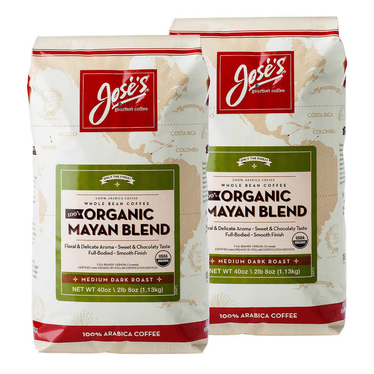 Premium 2 Pack, Jose's Whole Bean Coffee, 2lb 8 oz/40 oz, Medium Dark Roast, 100% Certified USDA Organic Mayan Blend, 100% Arabica Coffee