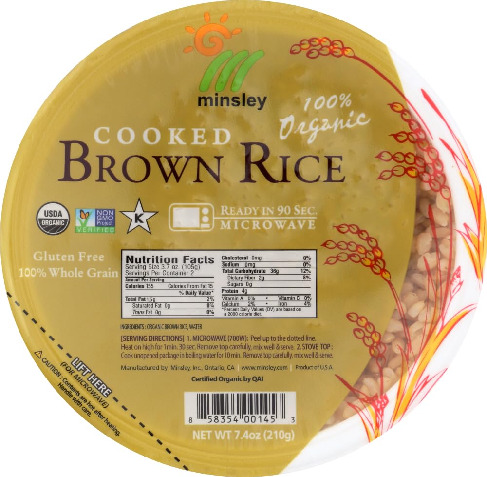 Premium Minsley Cooked Brown Rice Bowl, 100 Percent Organic, Microwave Ready in 90 Seconds, 7.4-Ounce Bowls, Pack of 12