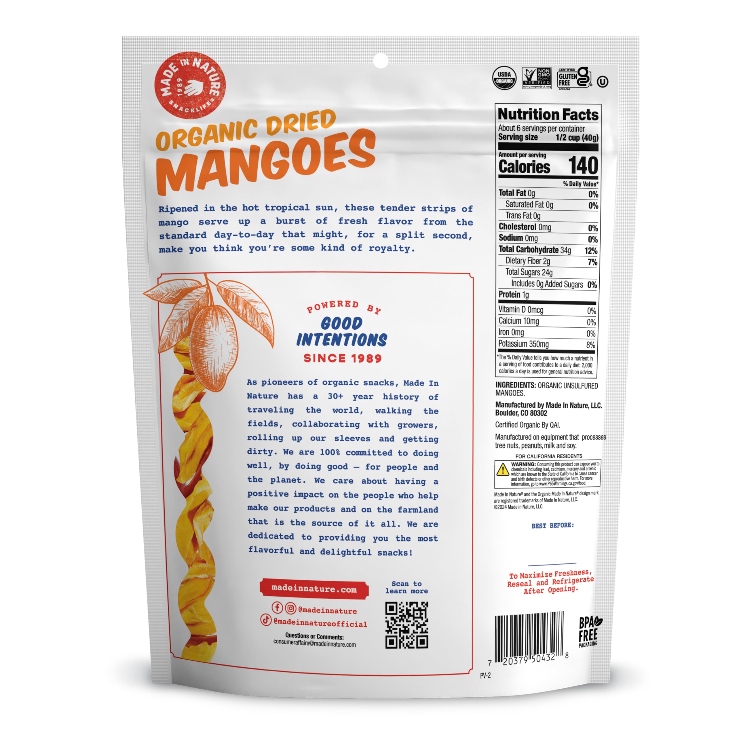 Quality Made in Nature Organic Dried Fruit, Mangoes – Non-GMO, Unsulfured Vegan Snack