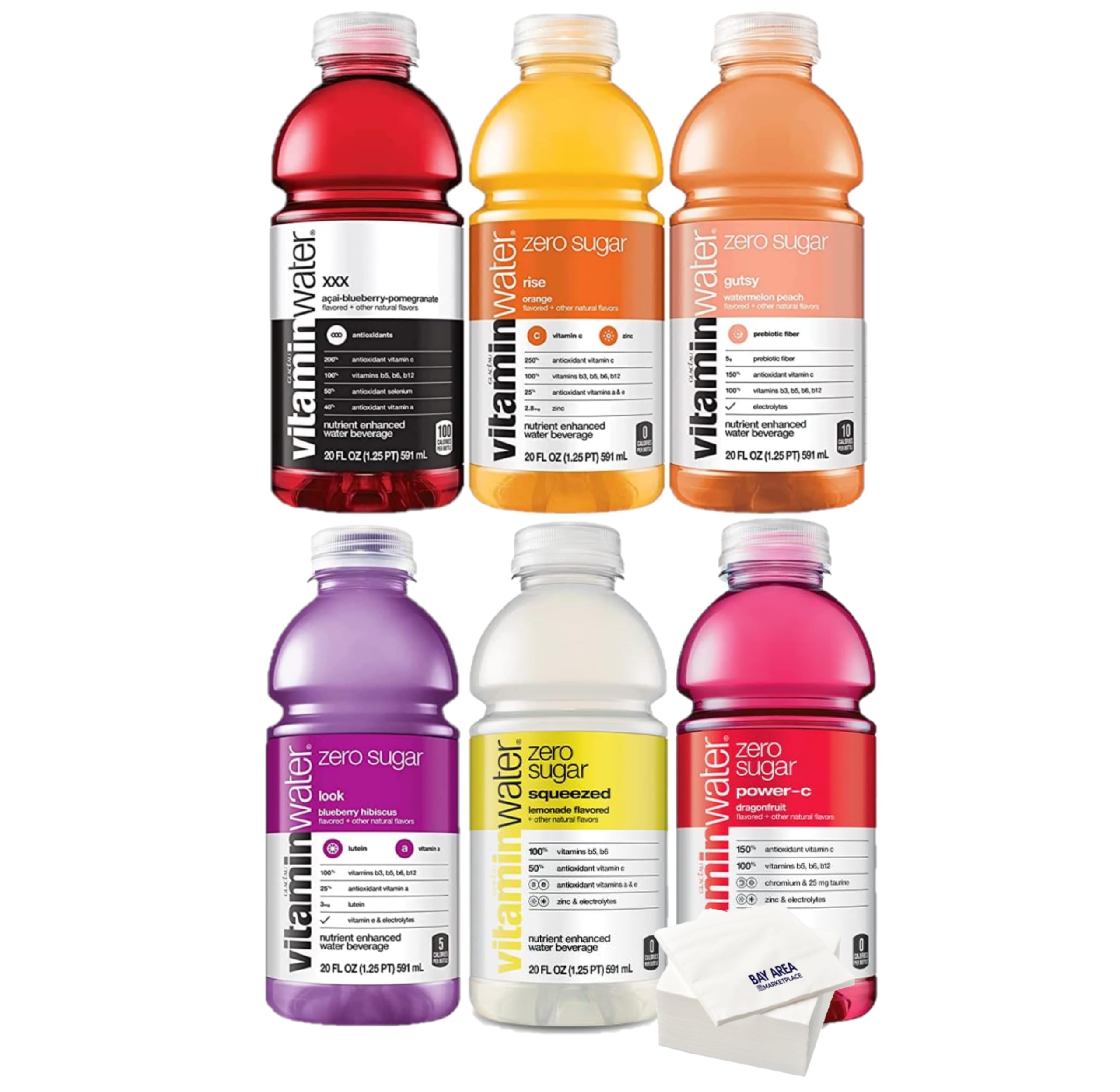 Quality Vitamin Water Zero Sugar | Tasters Edition 6 Pack, 20oz Bottles. Vitamin Water Variety - with Bay Area Marketplace Napkins