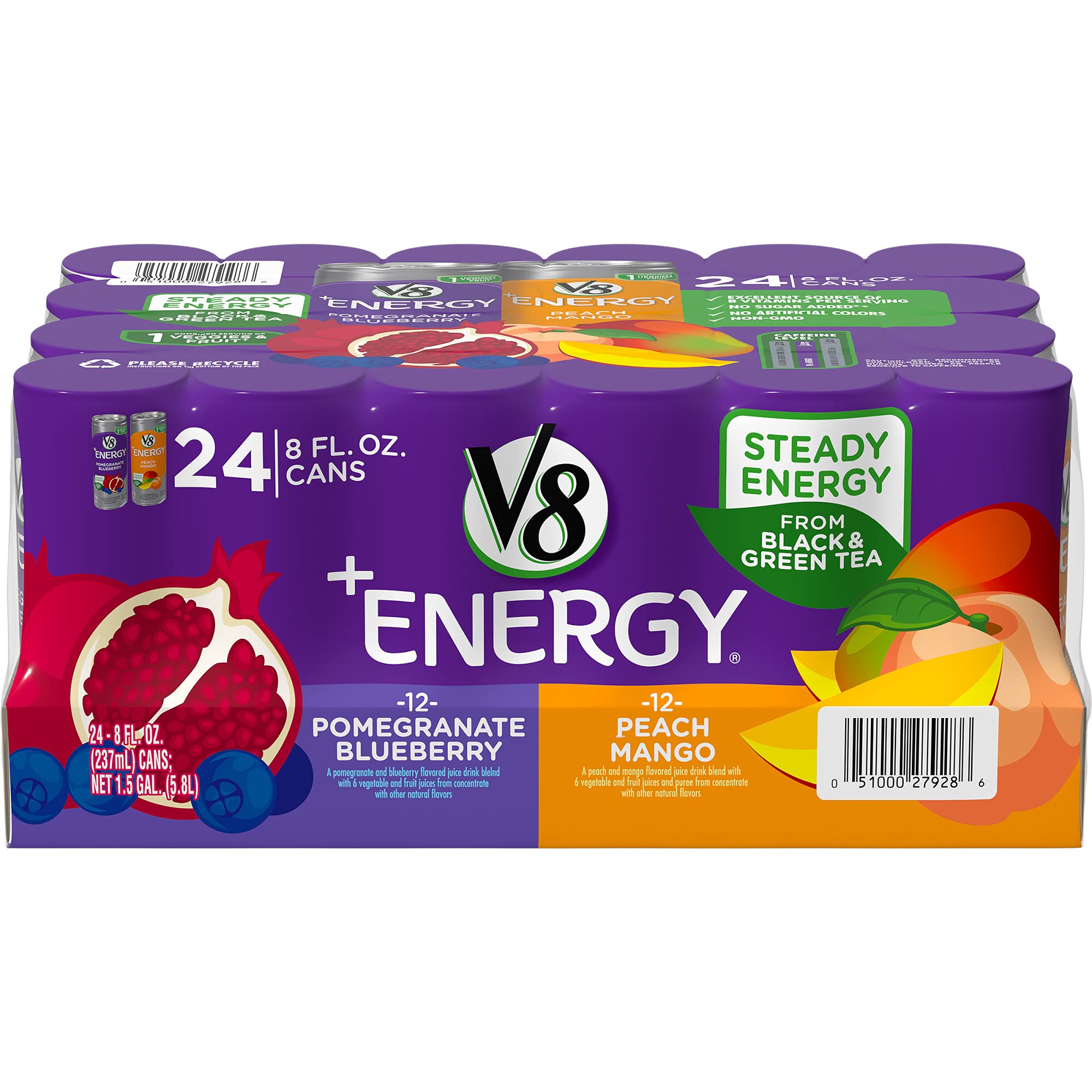 Quality V8 +Energy Variety Pack, Healthy Energy Drink, 12 Pomegranate Blueberry and 12 Peach Mango, 8 Oz Can)