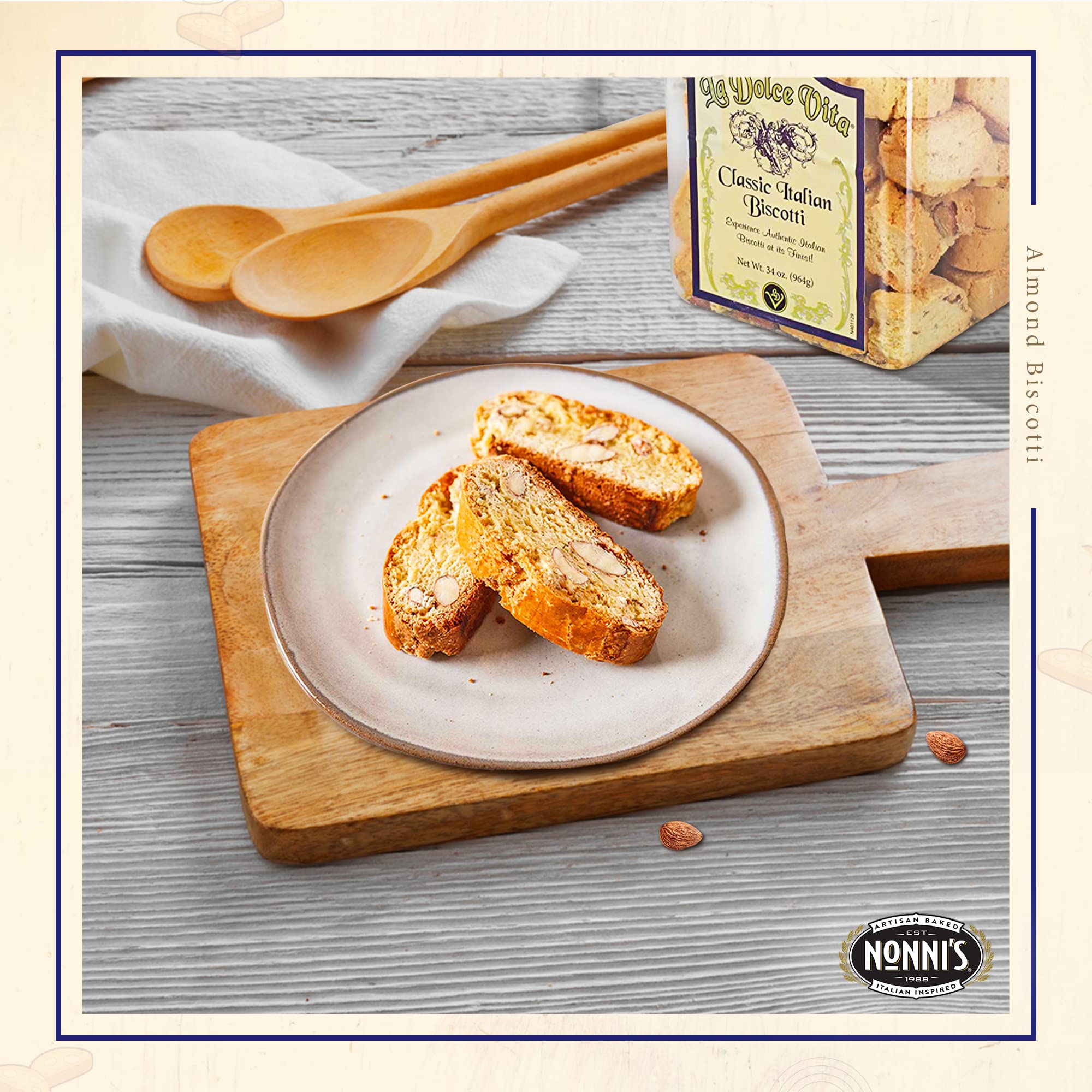 Quality Nonni's La Dolce Vita Almond Biscotti - Biscotti Italian Cookies - Italian Biscotti Cookies - Biscotti Jar - Biscotti Packed w/California Whole Almonds - Perfect w/Coffee - Kosher