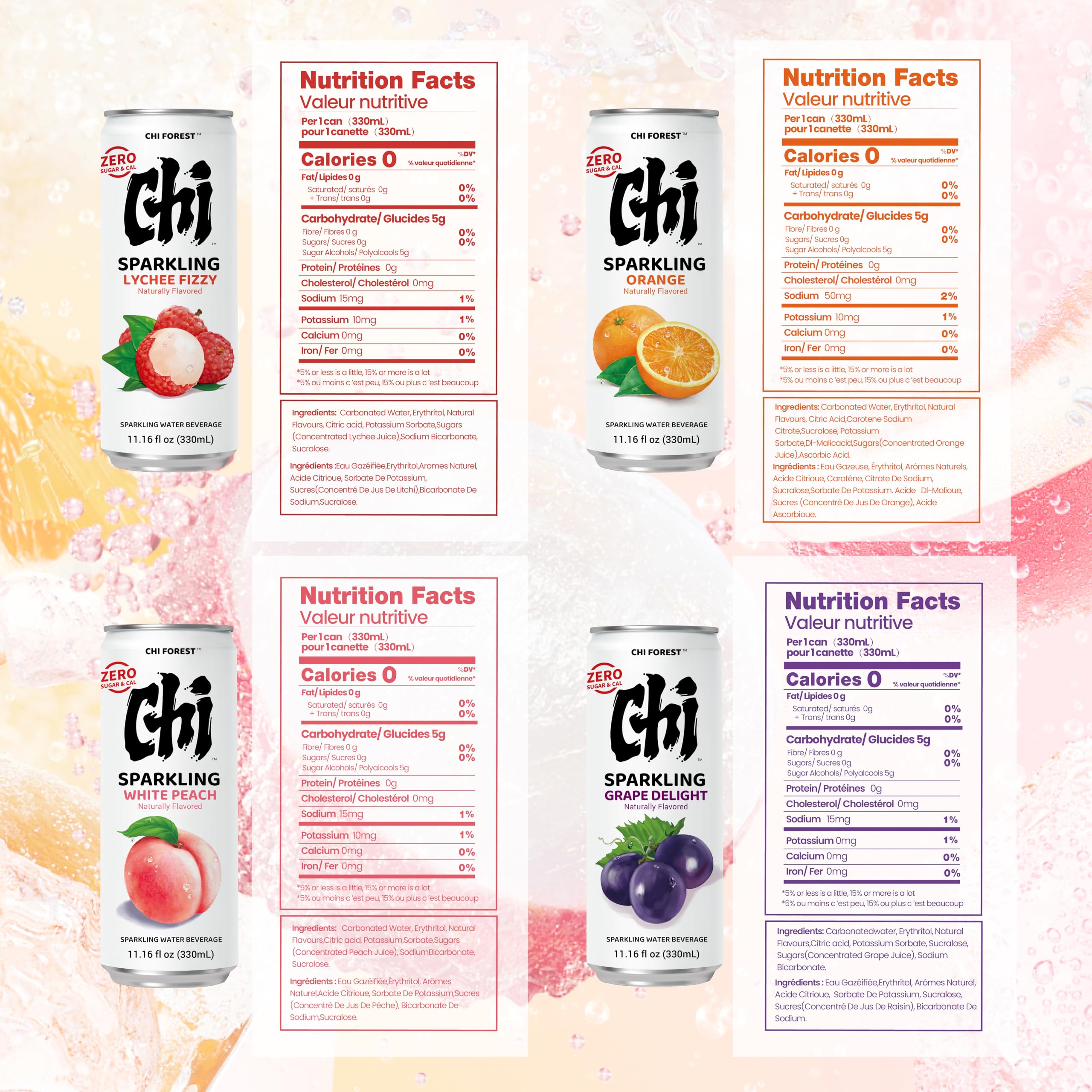 Quality CHI FOREST 4 Flavor Variety Pack Sparkling Water, 11.16 fl oz Cans(24 Pack)