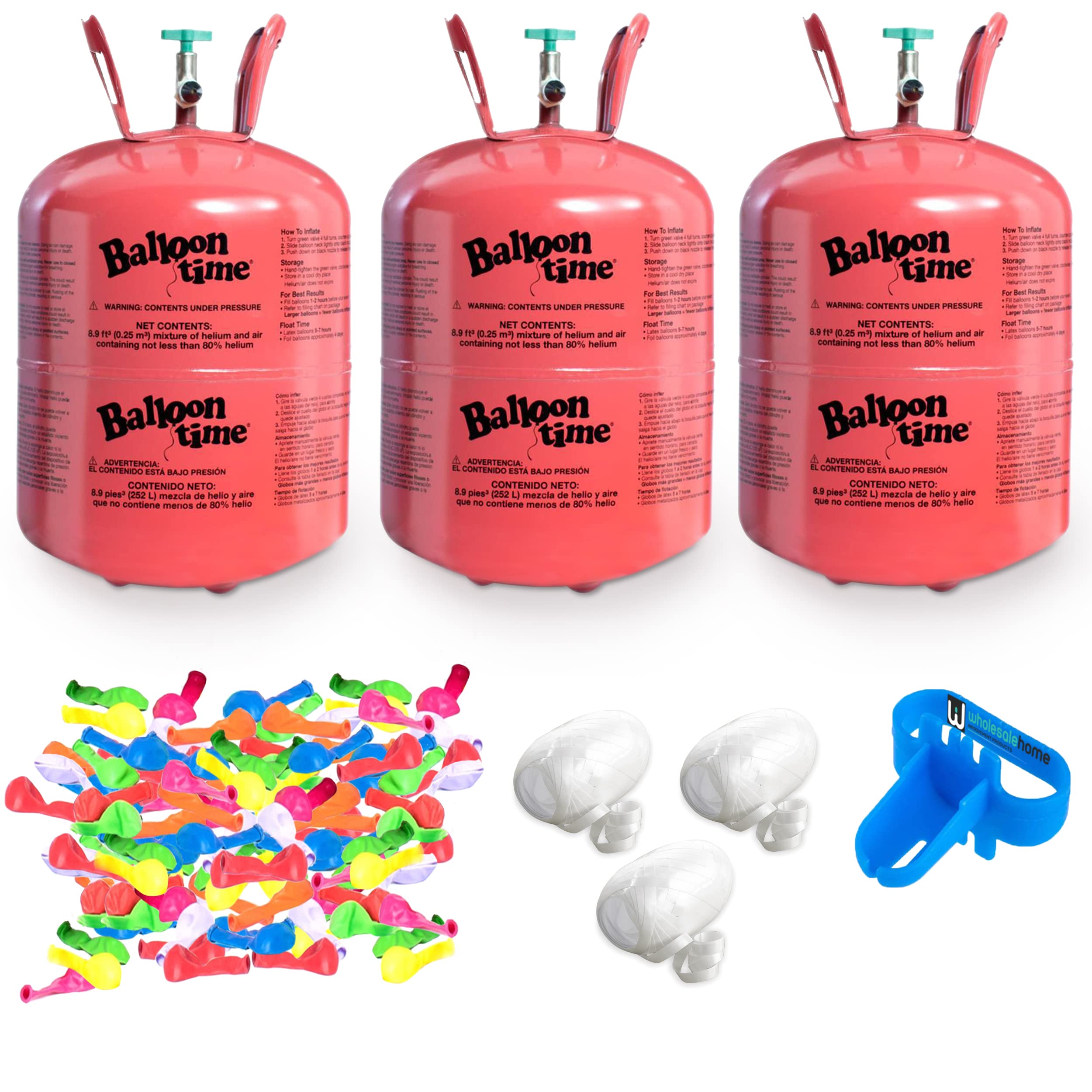 Quality Helium Tank for Balloons At Home, 14.9 Cu Ft Helium Balloon Pump Kit with 50 Assorted Latex Balloons, White Curling Ribbon and Wholesalehome Balloon Tie Tool, 3 Pack