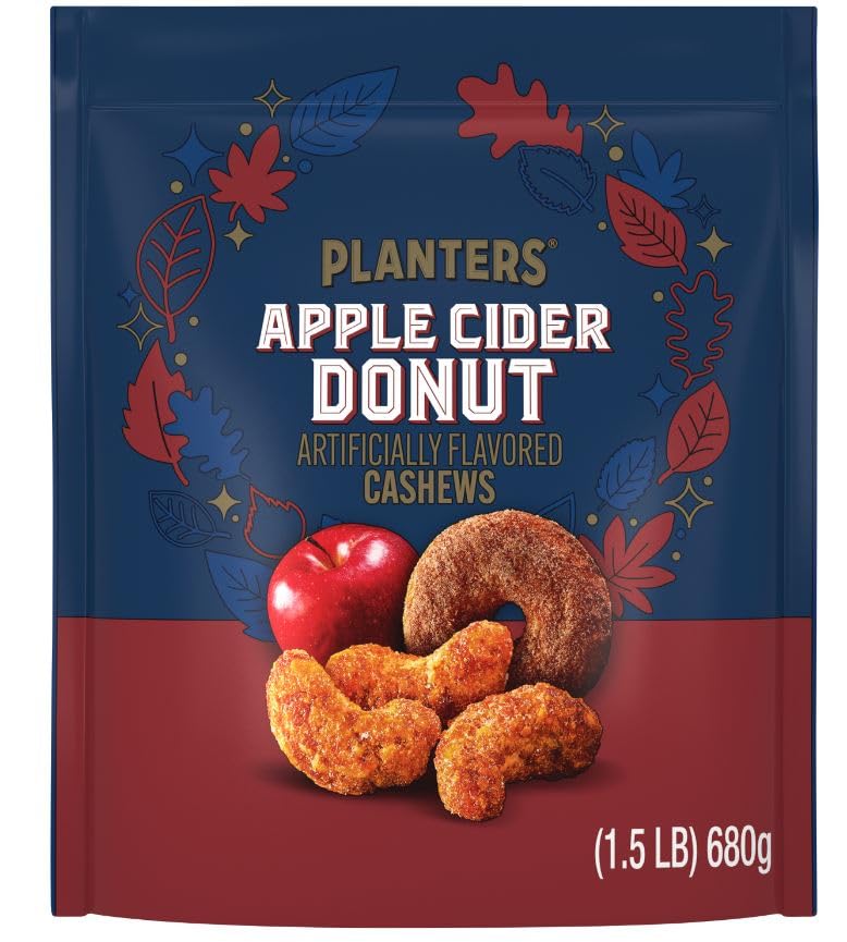 Premium PLANTERS Apple Cider Donut Cashews, Cooking & Baking Nuts & Seeds, Flavored Cashews, Fall Snacks, Cashew, Party Snack, Plant-Based Protein, 24 oz Bag