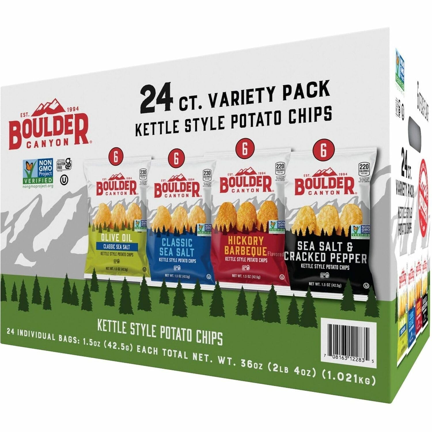 Premium Boulder Canyon Kettle Style Potato Chips Variety Pack, 24 Count, Assorted 1.5oz. Bags, Olive Oil Classic Sea salt, Hickory BBQ, Sea Salt & Cracked Pepper, Classic Sea salt