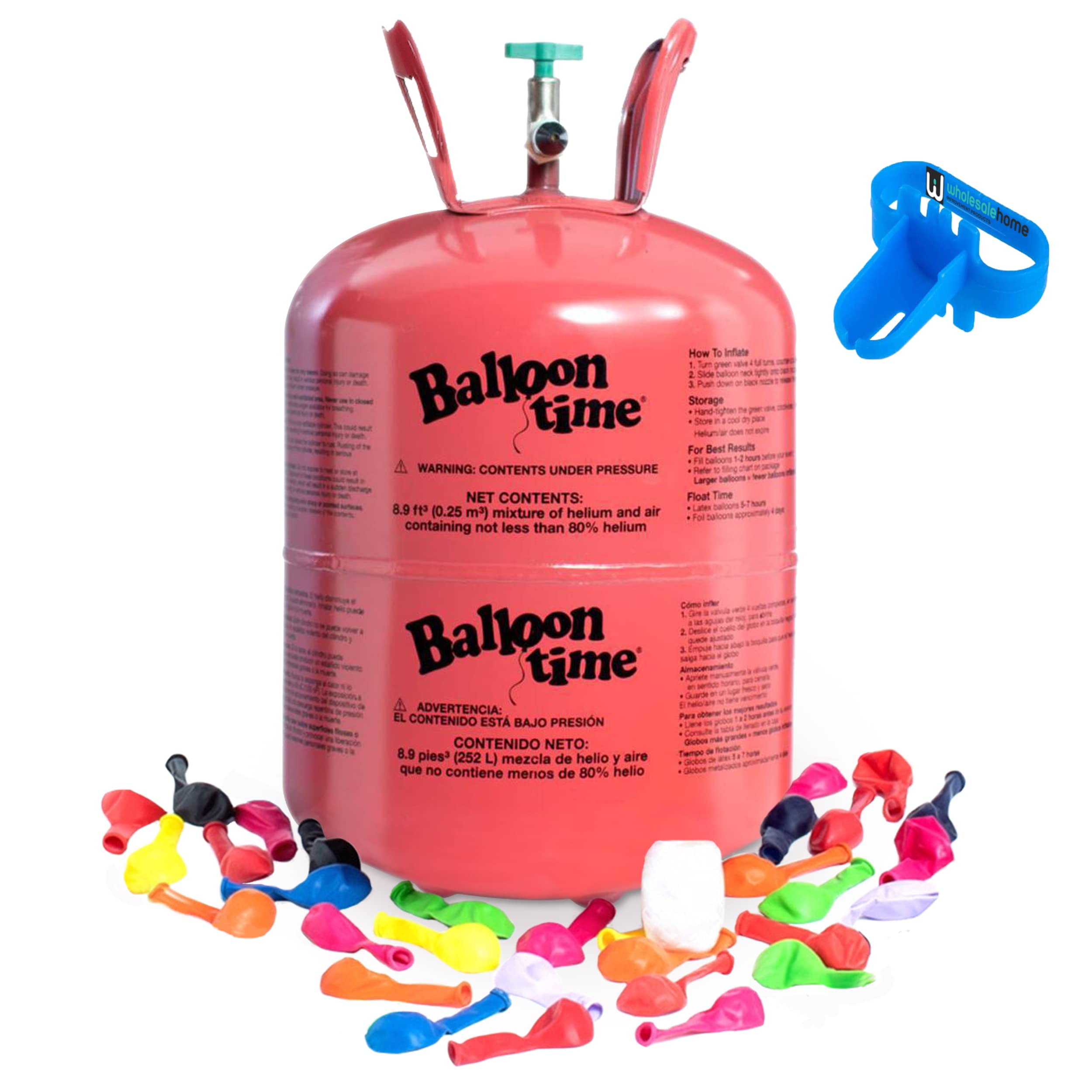 Quality Helium Tank for Balloons At Home, 14.9 Cu Ft Helium Balloon Pump Kit with 50 Assorted Latex Balloons, White Curling Ribbon and Wholesalehome Balloon Tie Tool, 2 Pack